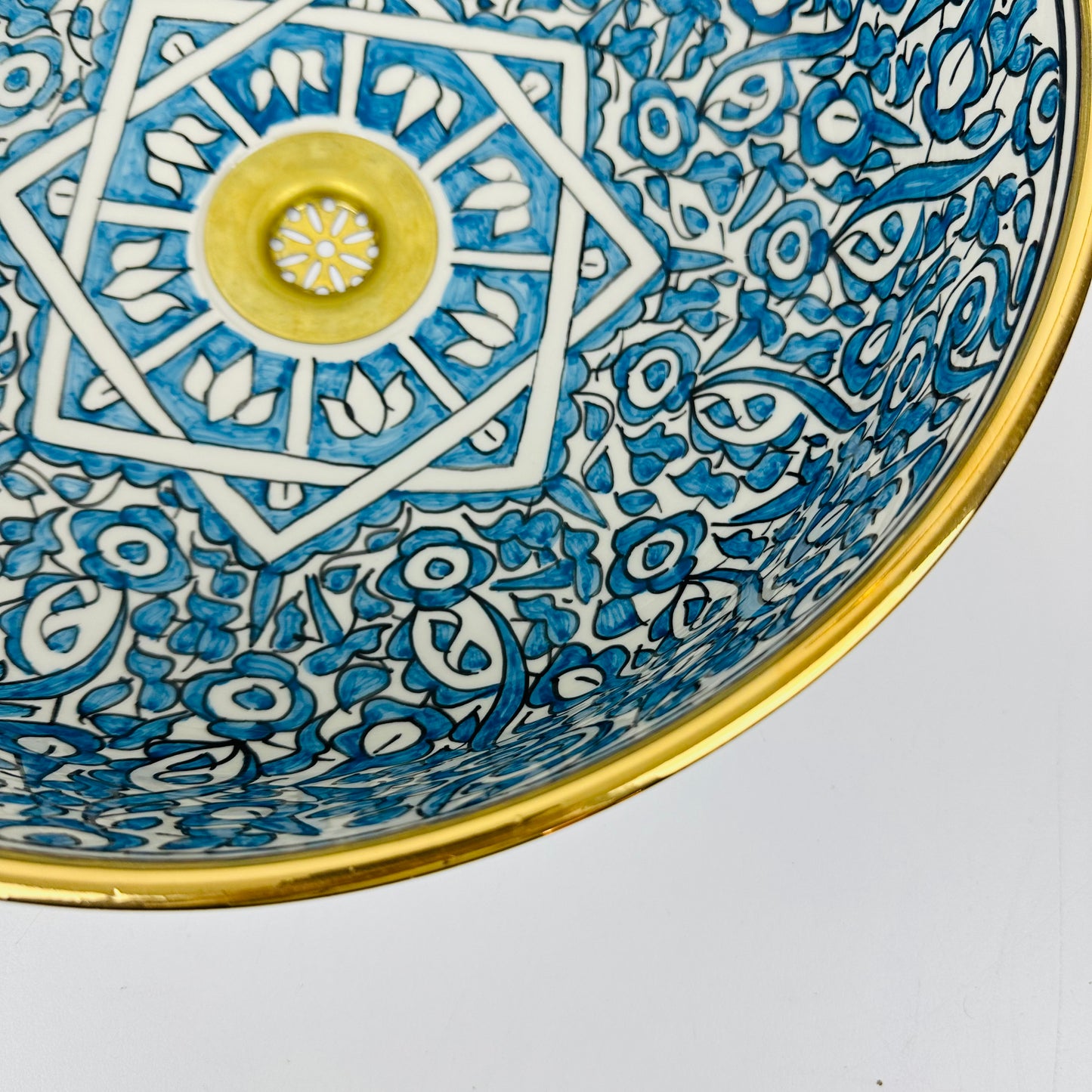 Sapphire Sanctuary: Handcrafted Ceramic Sink with Blue Garden Inside, Black Garden Outside, and Gold 14k on Top