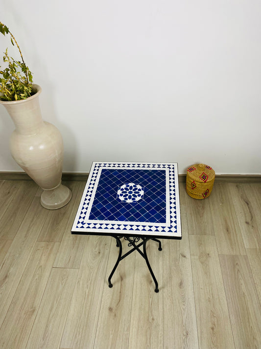 Handmade Moroccan Zellige Mosaic Table – Deep Blue Elegance