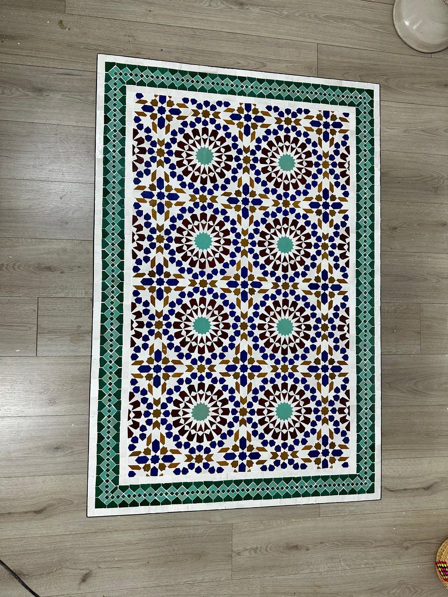 Handmade Moroccan Zellige Mosaic Table – Classic Green & Blue Geometric Beauty
