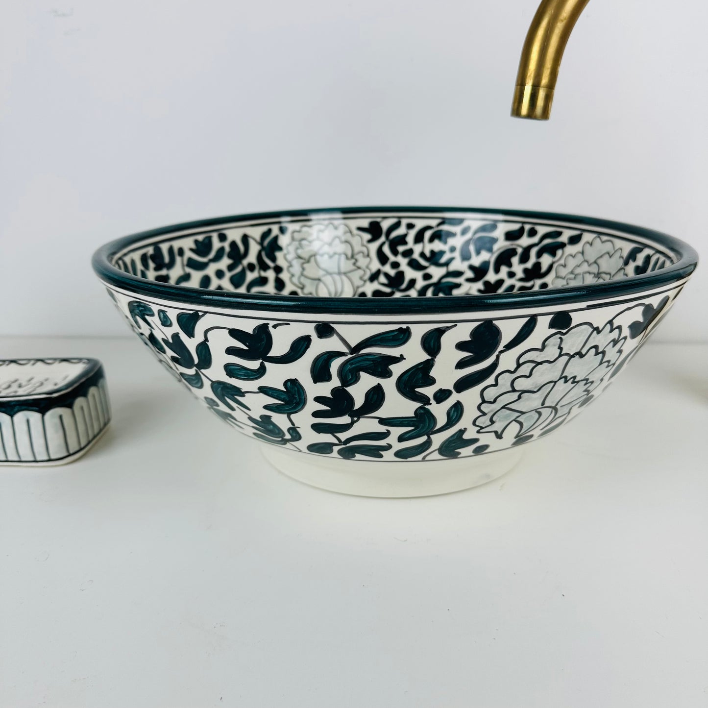 Verdant Bloom: Handcrafted Ceramic Sink with Dark Green Floral Motif