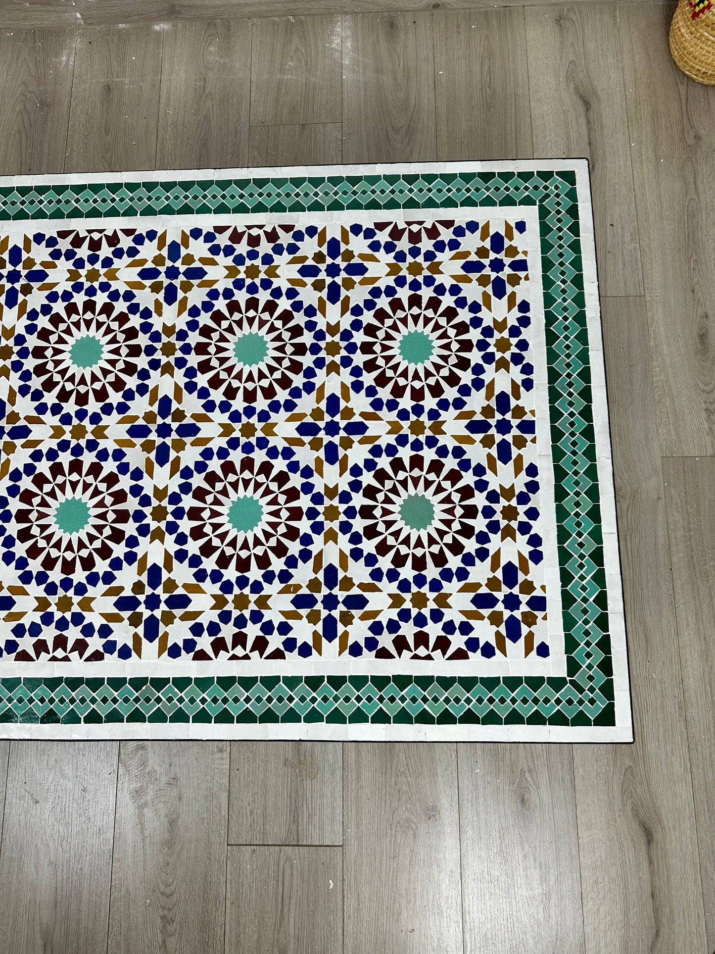 Handmade Moroccan Zellige Mosaic Table – Classic Green & Blue Geometric Beauty