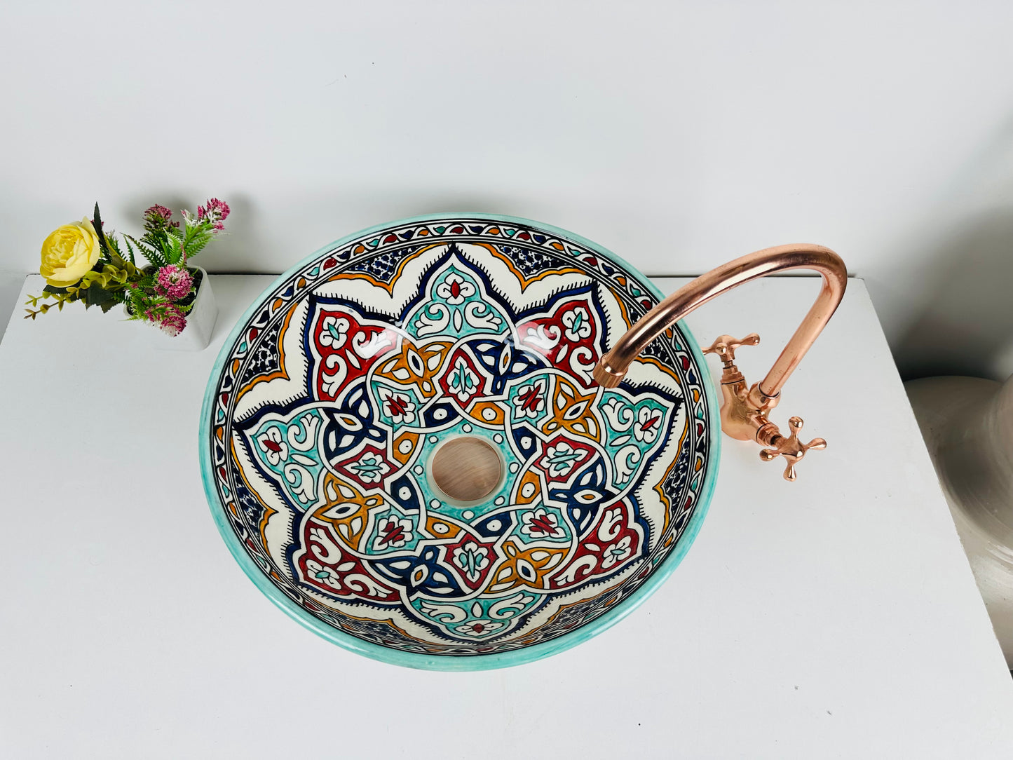 Celestial Bloom ceramic Washbowl sink, Traditional Moroccan Design