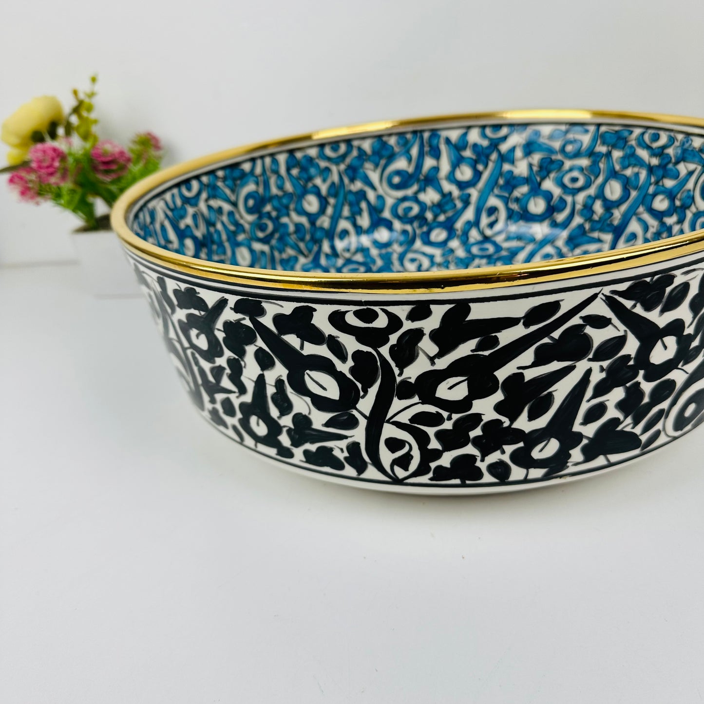 Sapphire Sanctuary: Handcrafted Ceramic Sink with Blue Garden Inside, Black Garden Outside, and Gold 14k on Top