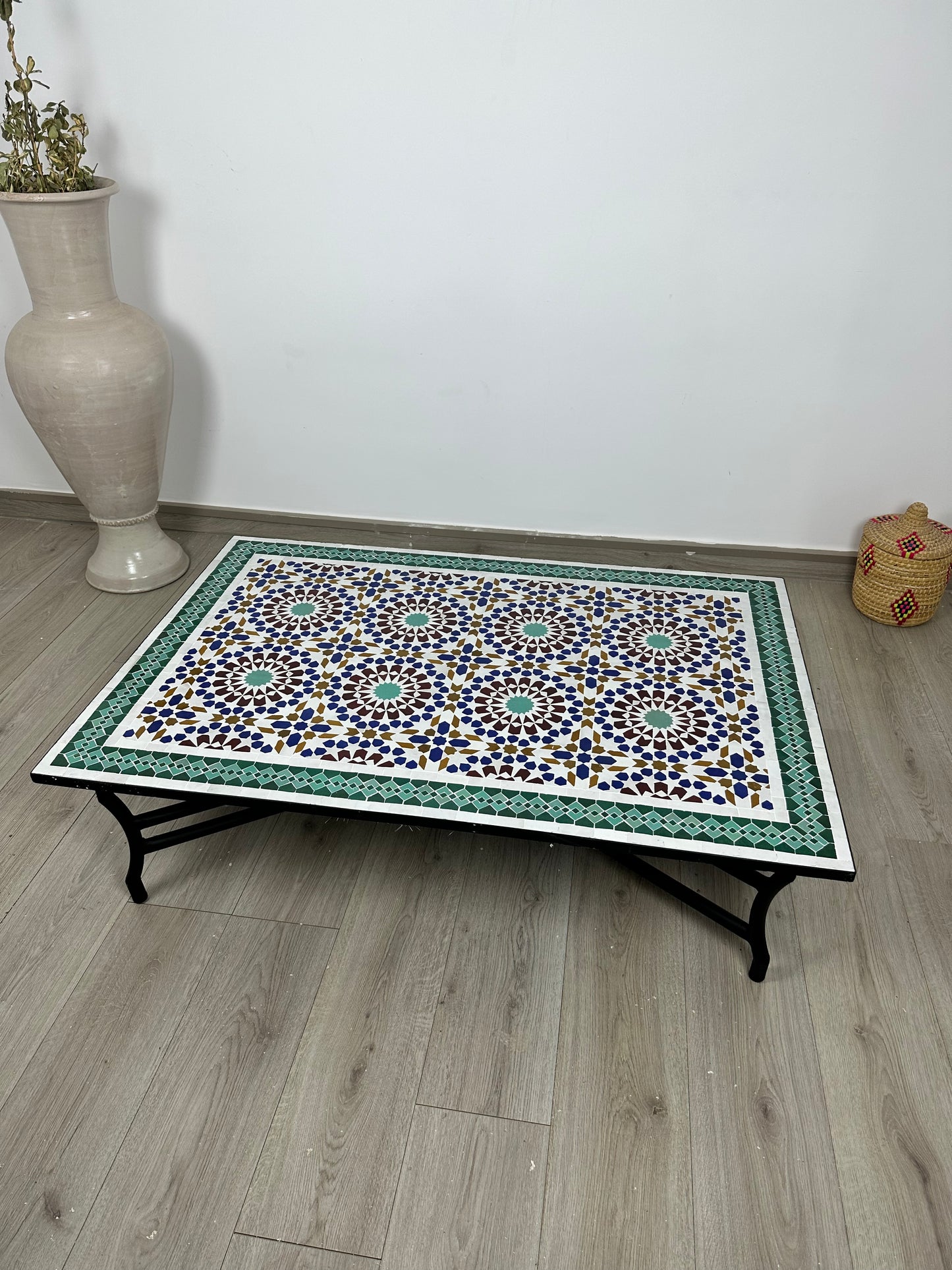 Handmade Moroccan Zellige Mosaic Table – Classic Green & Blue Geometric Beauty