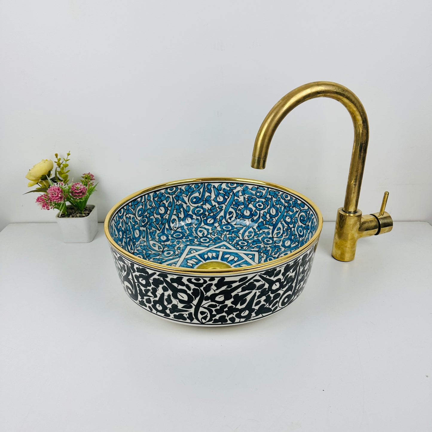 Sapphire Sanctuary: Handcrafted Ceramic Sink with Blue Garden Inside, Black Garden Outside, and Gold 14k on Top
