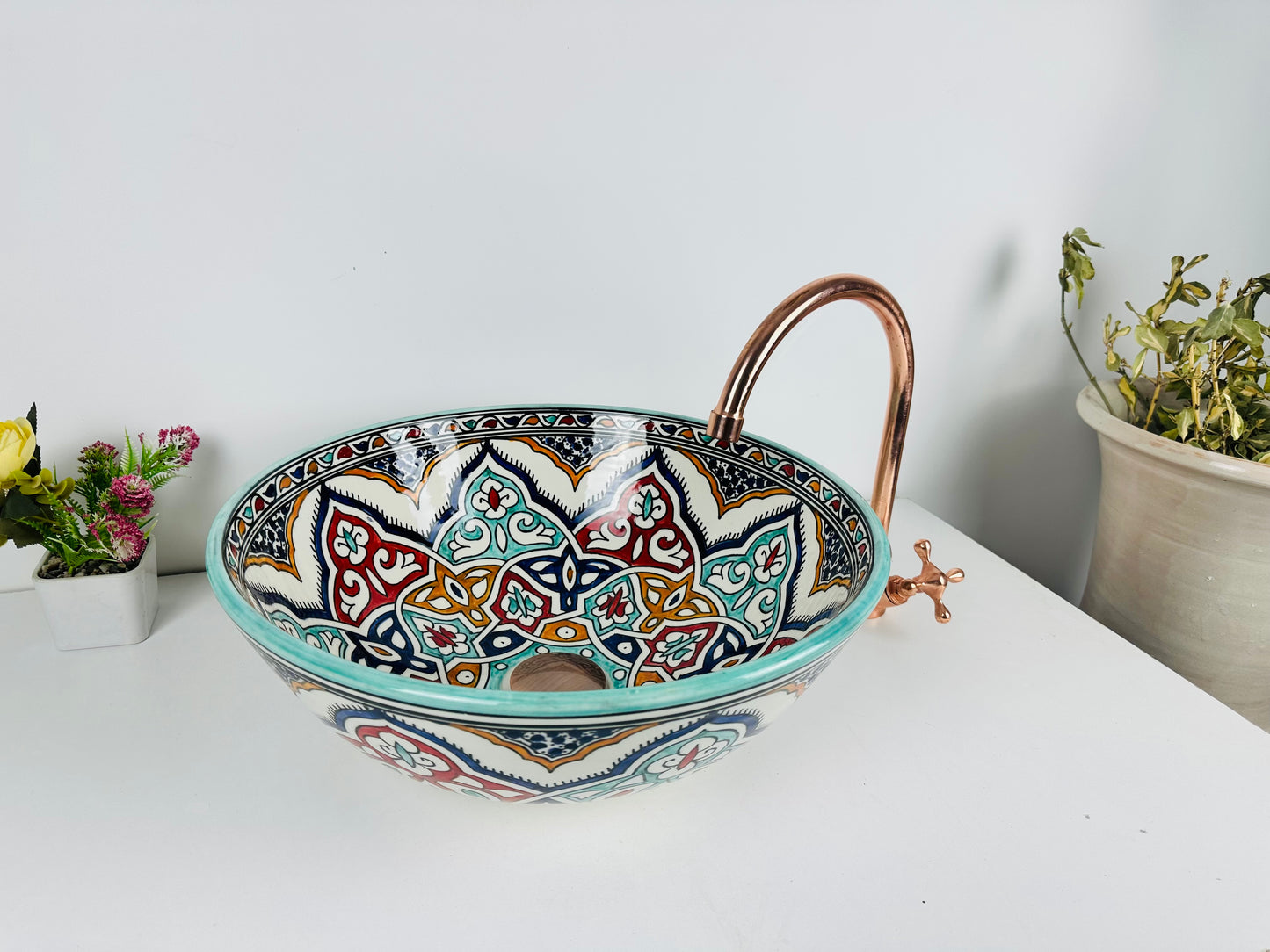 Celestial Bloom ceramic Washbowl sink, Traditional Moroccan Design