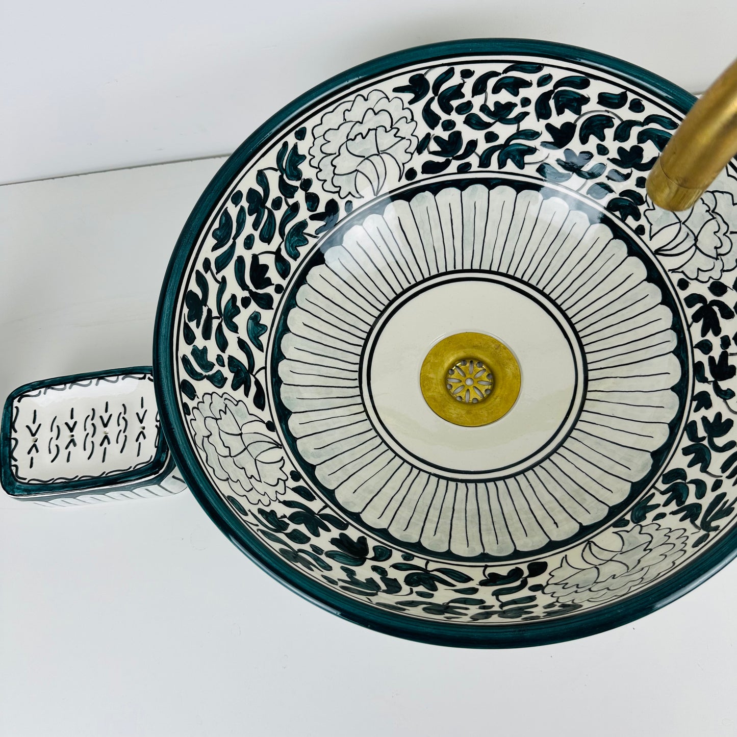 Verdant Bloom: Handcrafted Ceramic Sink with Dark Green Floral Motif