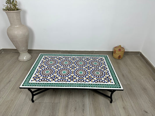 Handmade Moroccan Zellige Mosaic Table – Classic Green & Blue Geometric Beauty
