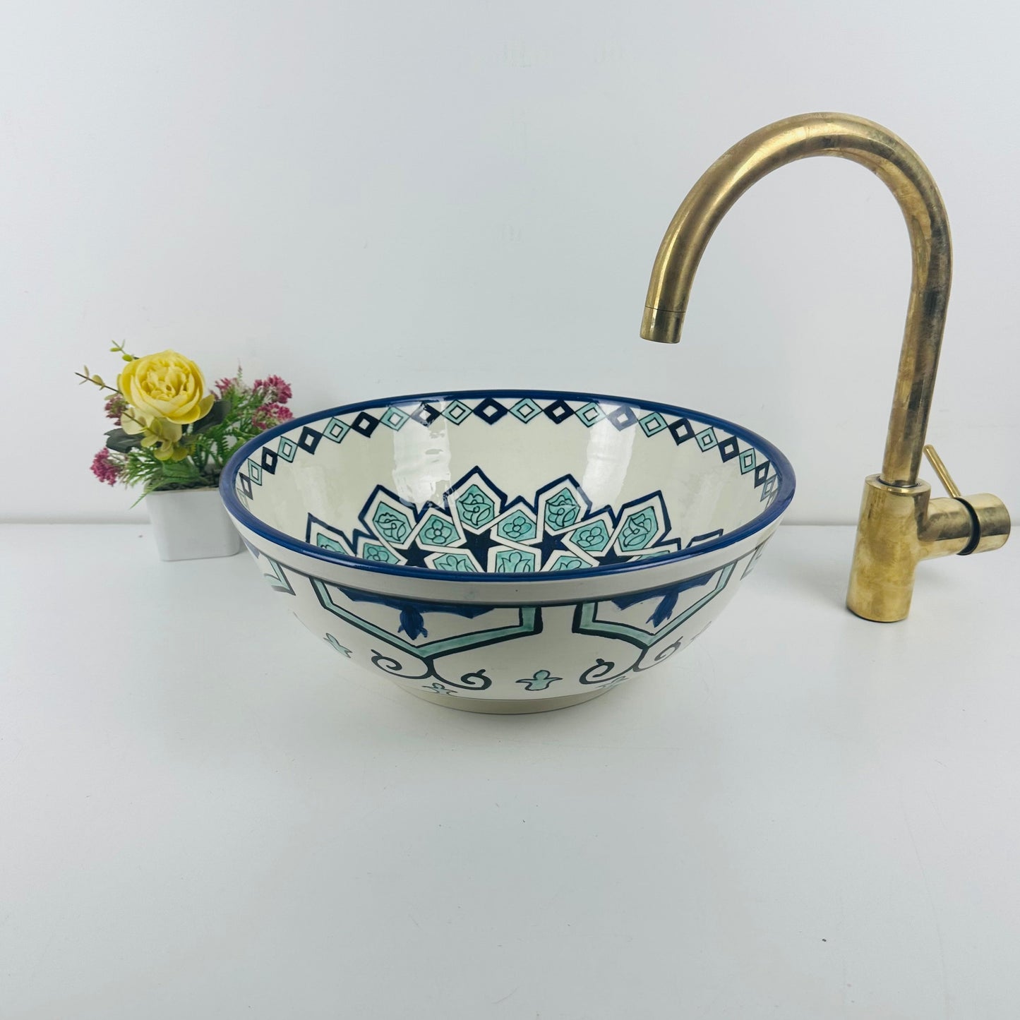Oceanic Symphony: Handcrafted Ceramic Sink with Variegated Blues and Hand-Painted Shapes