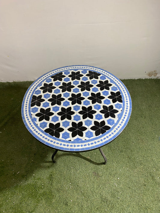 Handmade Moroccan Zellige Mosaic Table – Timeless Black & Blue Floral Design