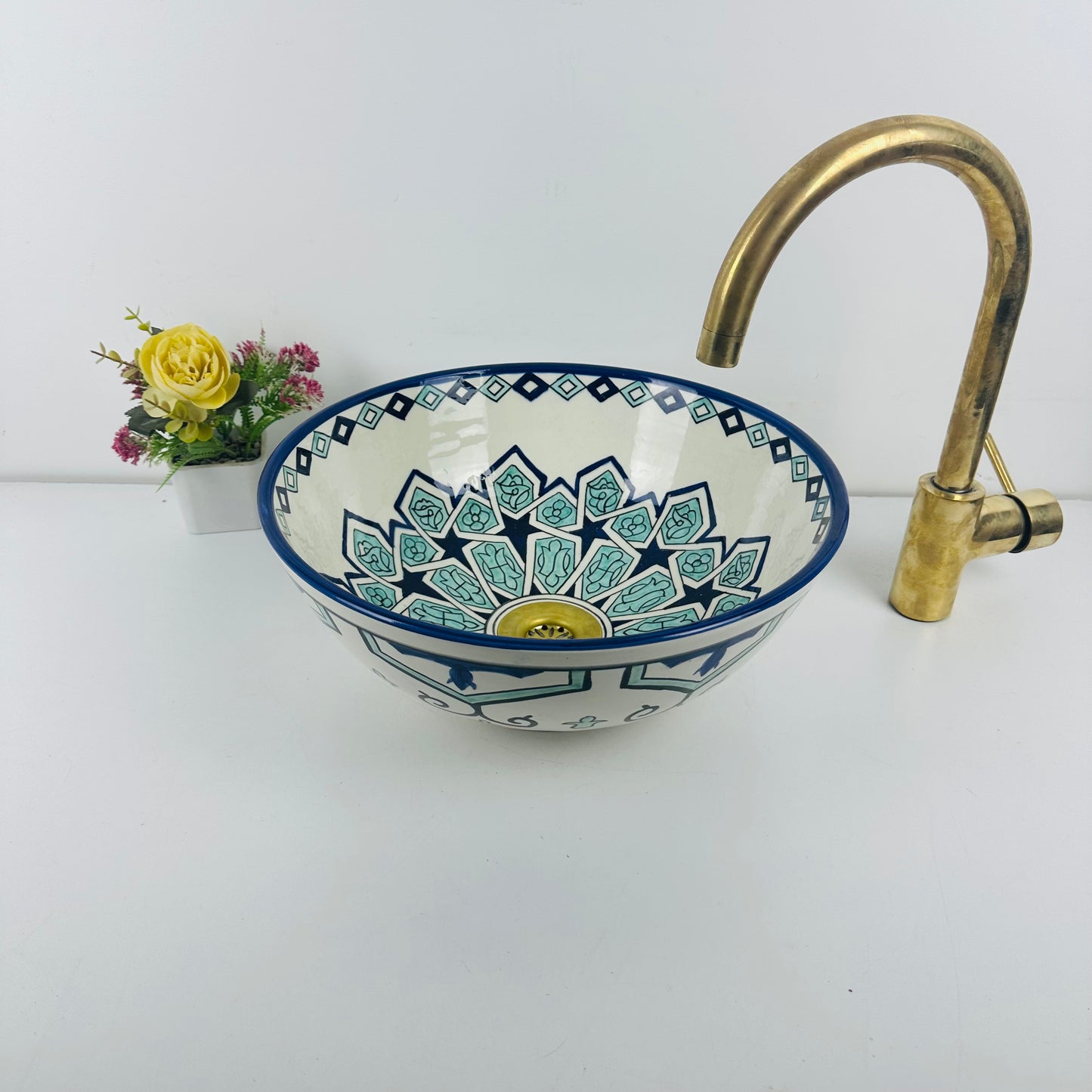 Oceanic Symphony: Handcrafted Ceramic Sink with Variegated Blues and Hand-Painted Shapes