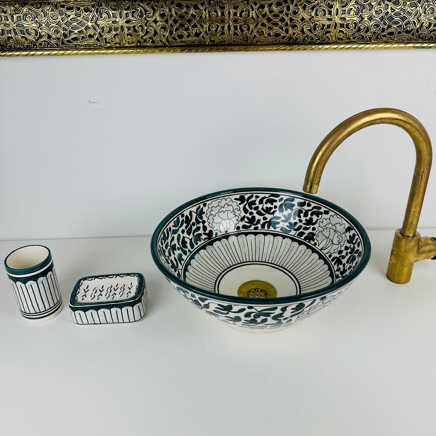 Verdant Bloom: Handcrafted Ceramic Sink with Dark Green Floral Motif