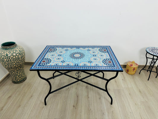 Handmade Moroccan Zellige Mosaic Table – Elegant Blue Floral Design