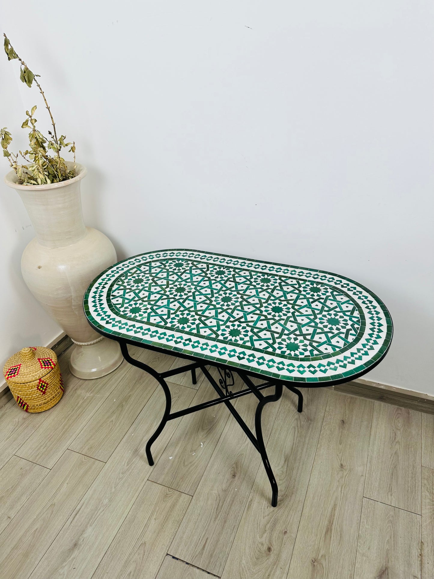 Handmade Moroccan Zellige Mosaic Table – Classic Green & White Elegance