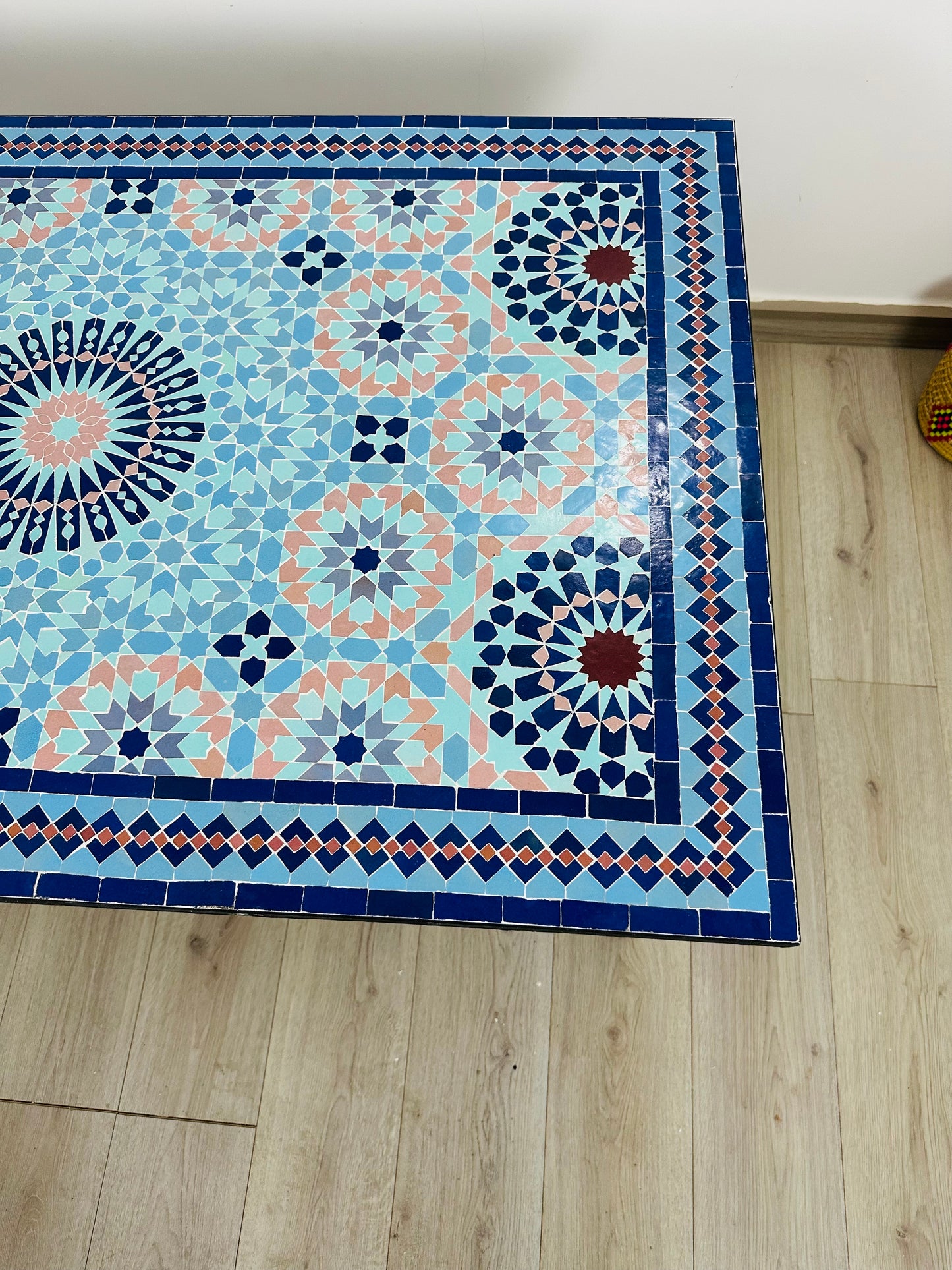 Handmade Moroccan Zellige Mosaic Table – Elegant Blue Floral Design