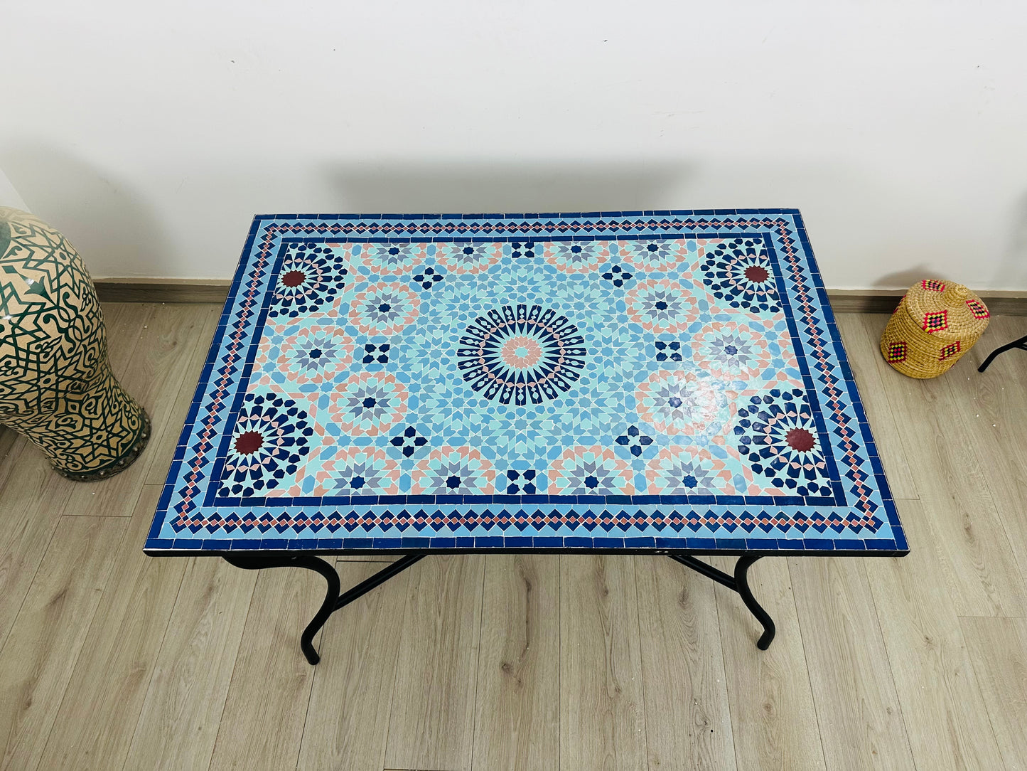 Handmade Moroccan Zellige Mosaic Table – Elegant Blue Floral Design