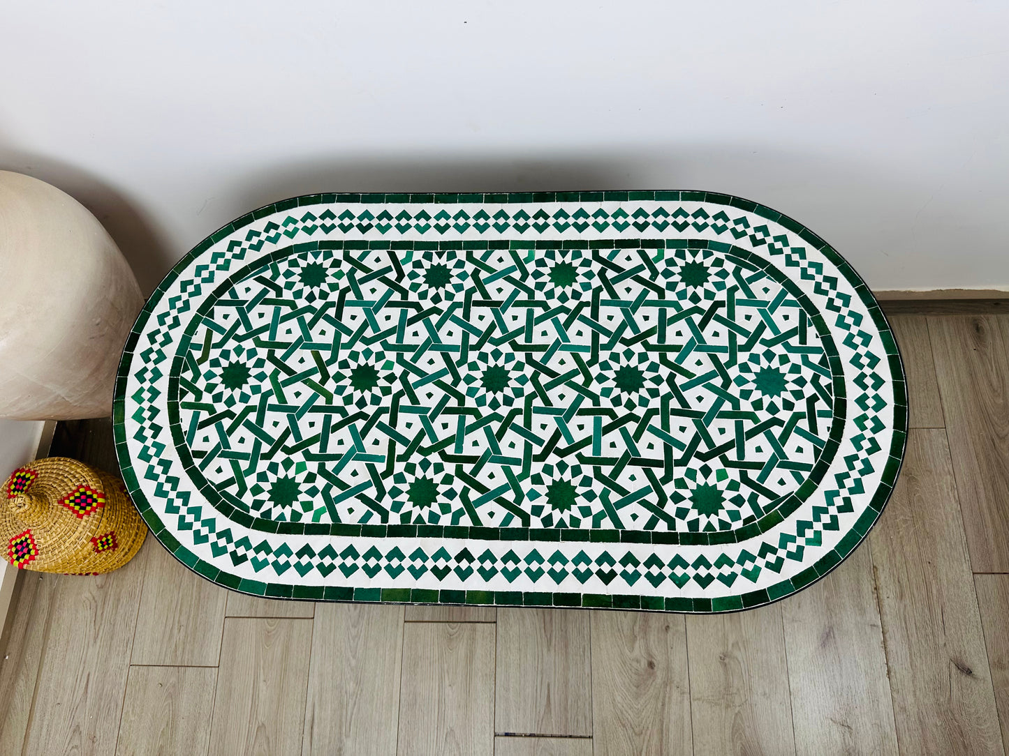 Handmade Moroccan Zellige Mosaic Table – Classic Green & White Elegance