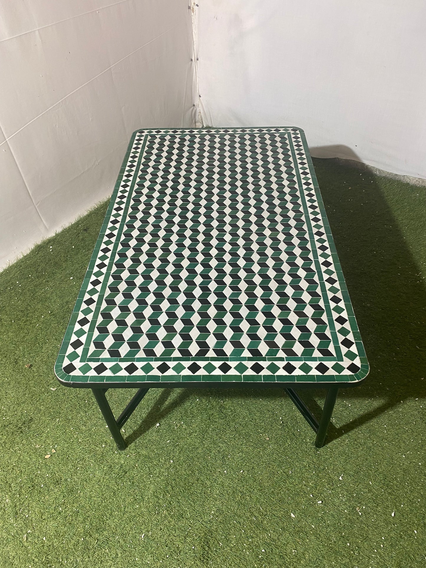 Handmade Moroccan Zellige Mosaic Table – Timeless Green & White Design