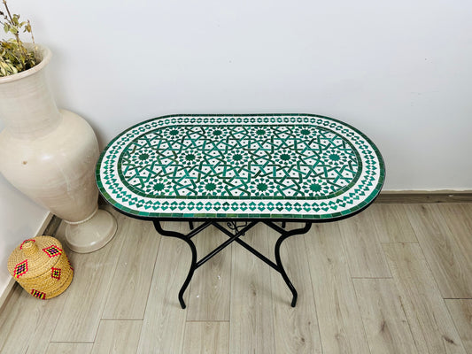 Handmade Moroccan Zellige Mosaic Table – Classic Green & White Elegance