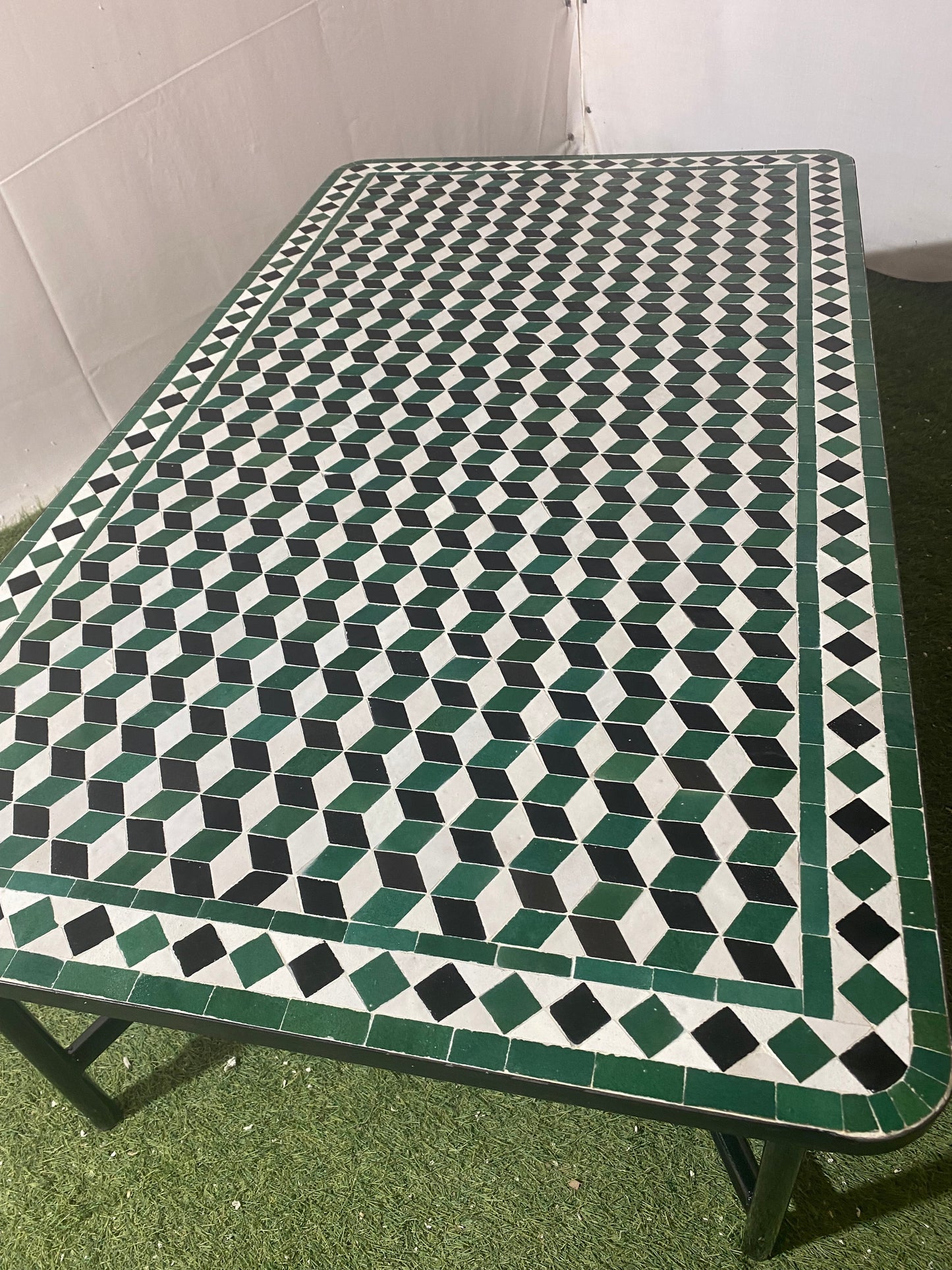 Handmade Moroccan Zellige Mosaic Table – Timeless Green & White Design