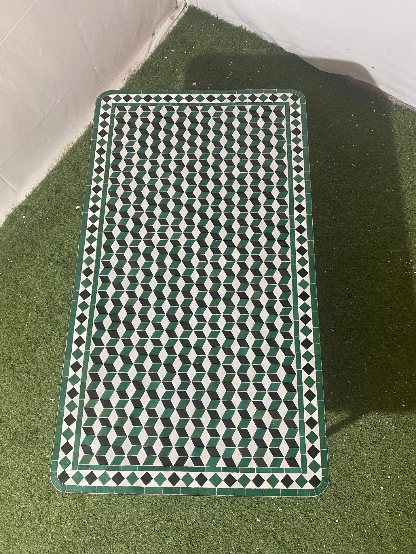 Handmade Moroccan Zellige Mosaic Table – Timeless Green & White Design