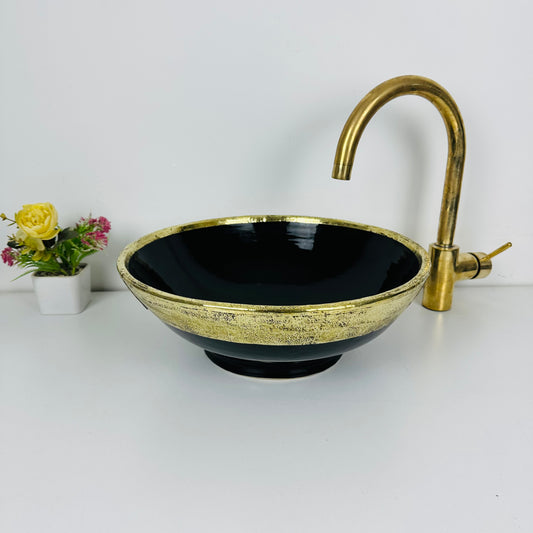 Round Handcrafted Ceramic Sink - Midnight Black with Gold Brass