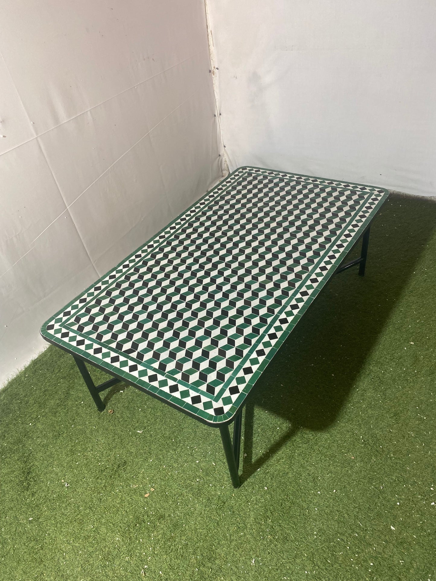 Handmade Moroccan Zellige Mosaic Table – Timeless Green & White Design