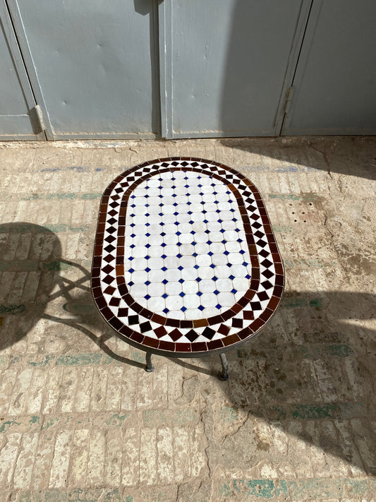 Handmade Moroccan Zellige Mosaic Table – Classic White & Brown Elegance