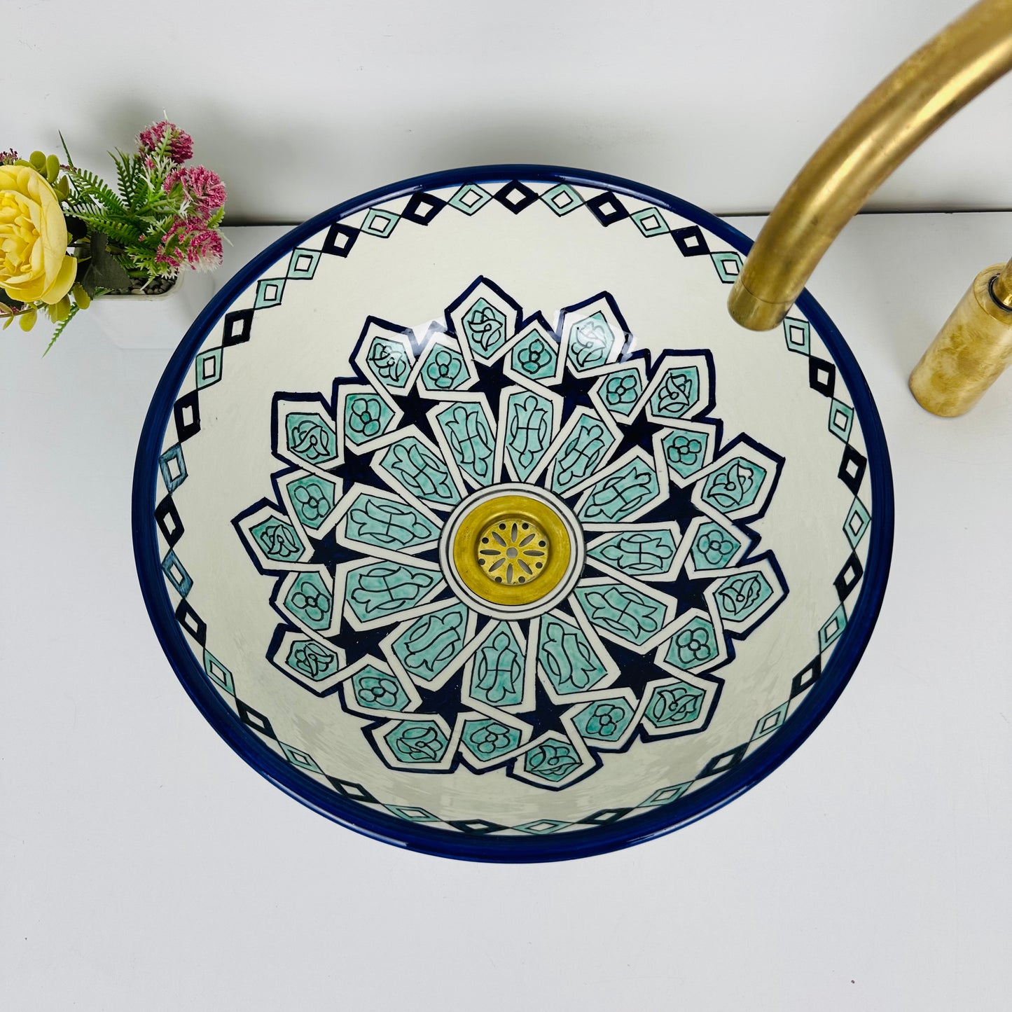 Oceanic Symphony: Handcrafted Ceramic Sink with Variegated Blues and Hand-Painted Shapes