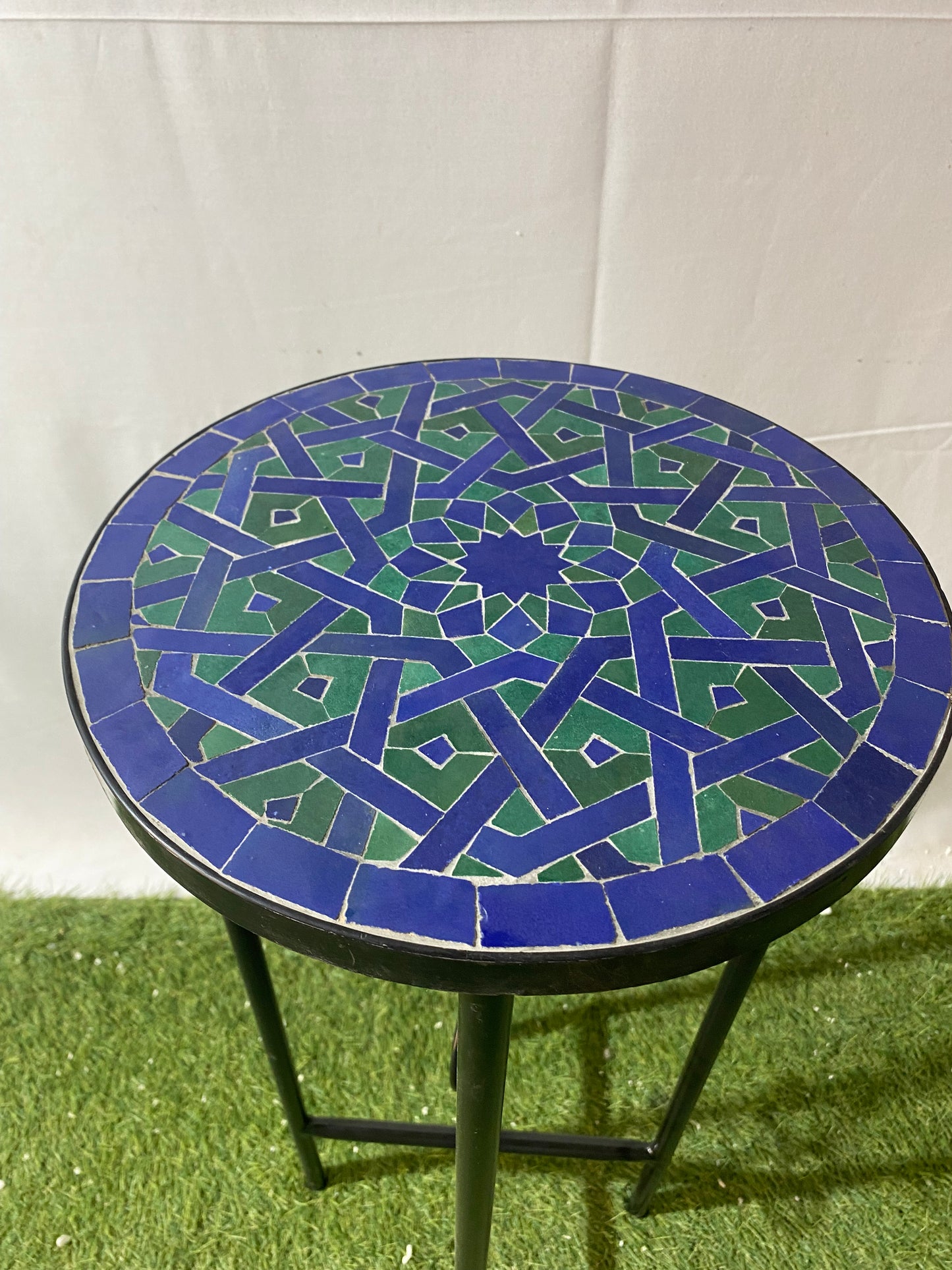 Handmade Moroccan Zellige Mosaic Side Table – Deep Blue & Emerald Green Geometric Art