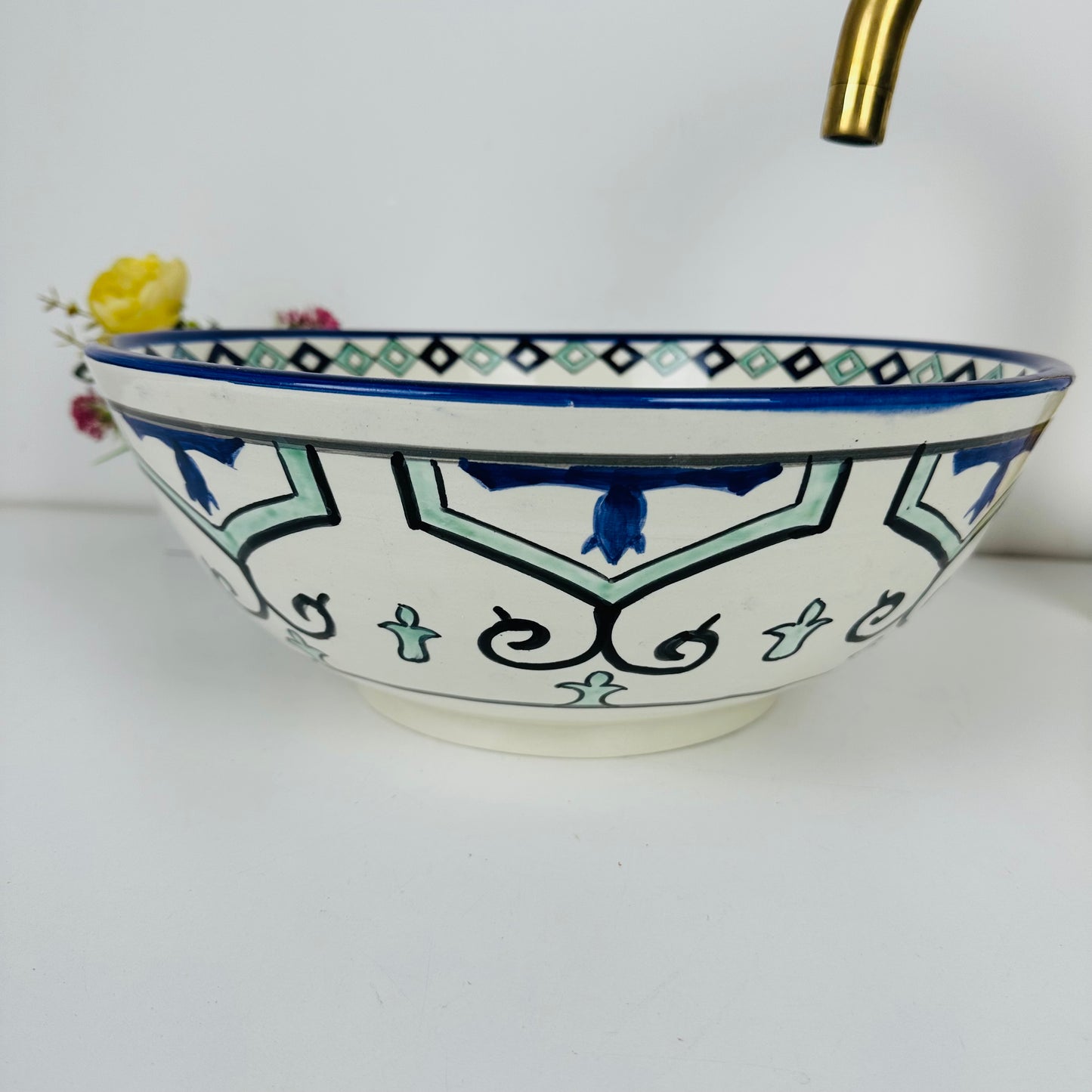 Oceanic Symphony: Handcrafted Ceramic Sink with Variegated Blues and Hand-Painted Shapes
