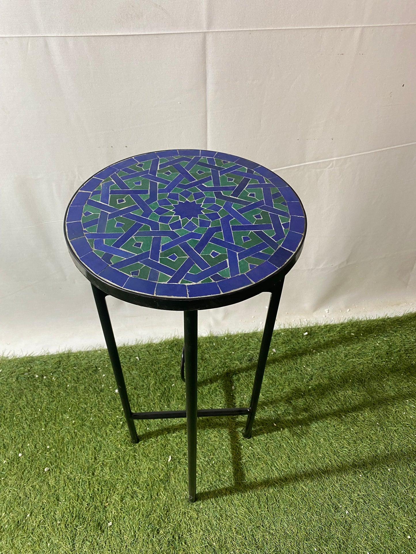 Handmade Moroccan Zellige Mosaic Side Table – Deep Blue & Emerald Green Geometric Art
