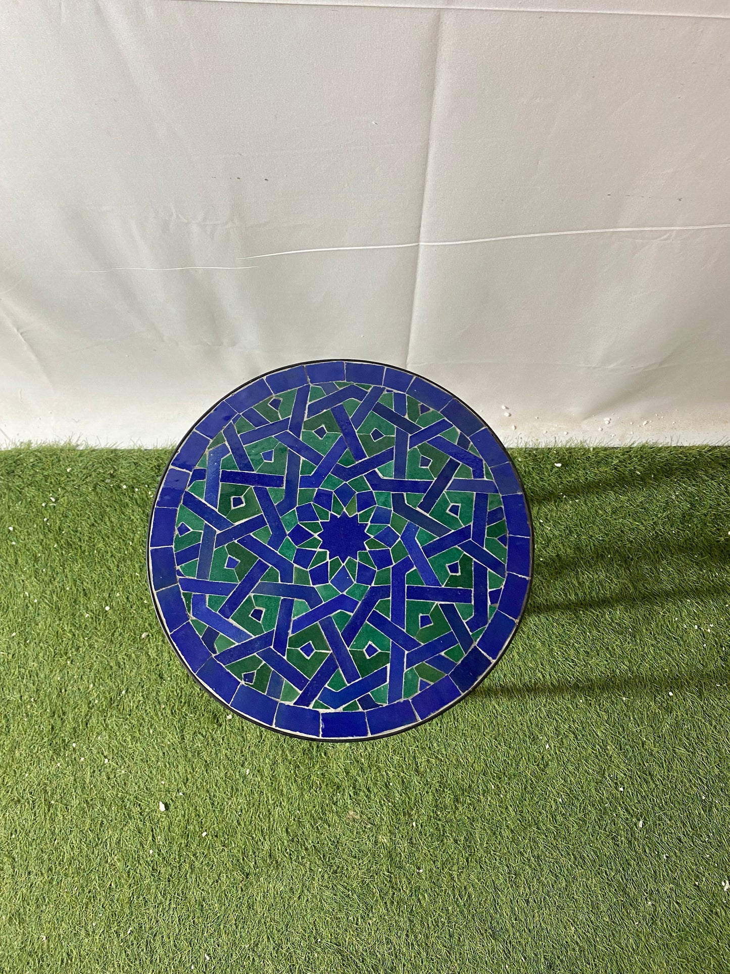 Handmade Moroccan Zellige Mosaic Side Table – Deep Blue & Emerald Green Geometric Art