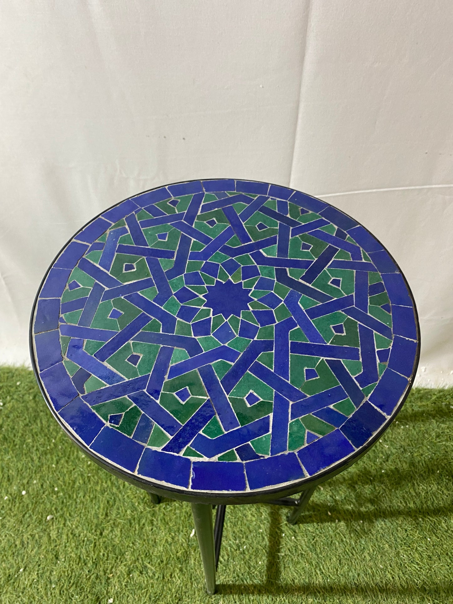 Handmade Moroccan Zellige Mosaic Side Table – Deep Blue & Emerald Green Geometric Art