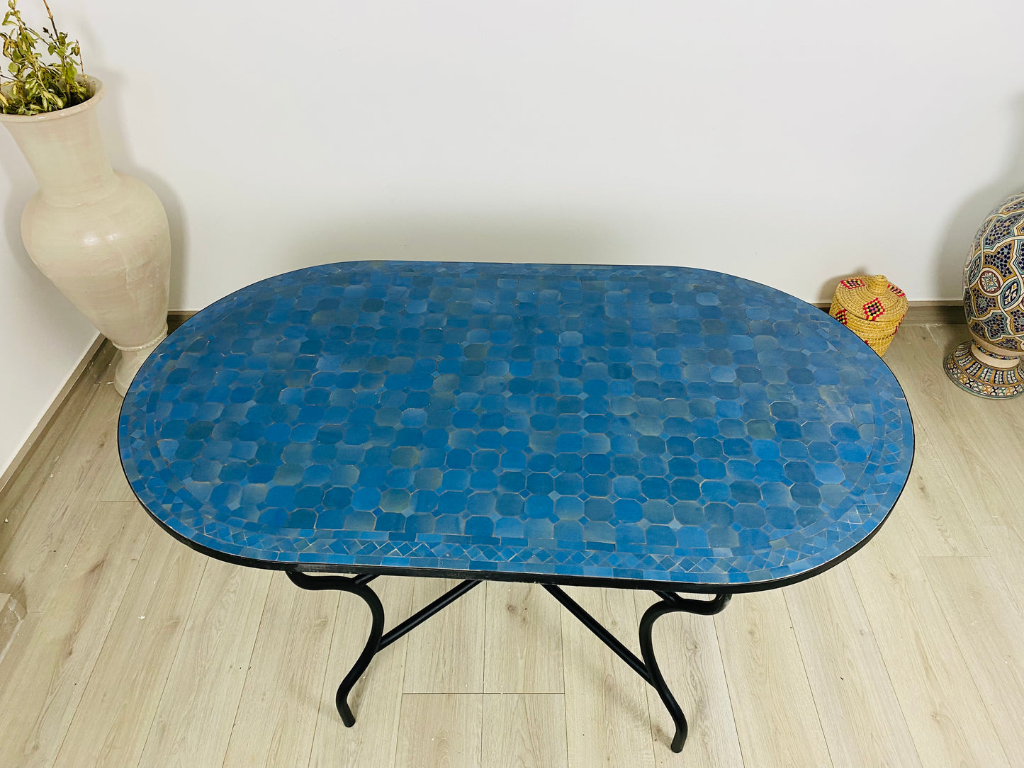 Handmade Moroccan Zellige Mosaic Table – Deep Blue Elegance