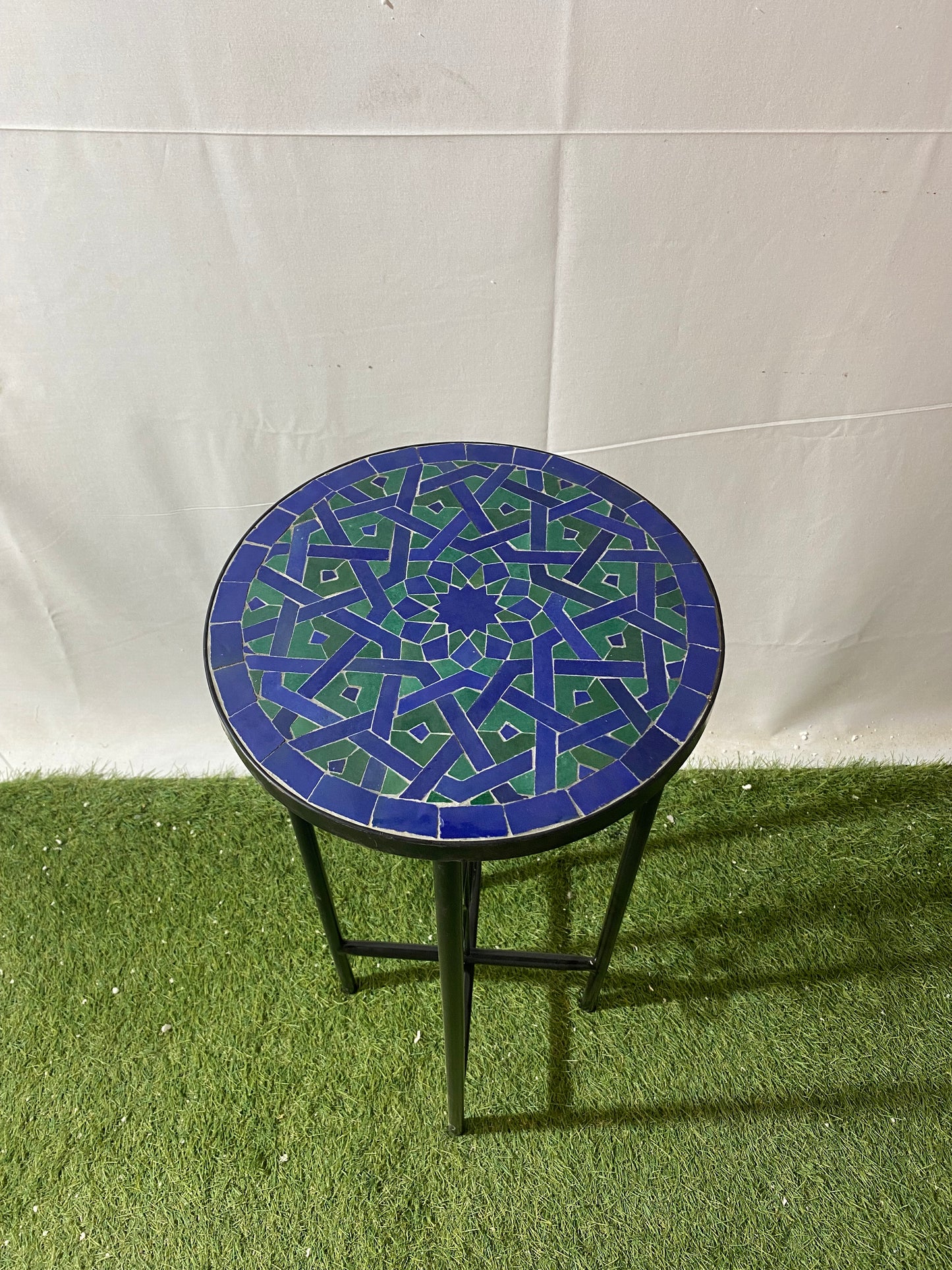 Handmade Moroccan Zellige Mosaic Side Table – Deep Blue & Emerald Green Geometric Art