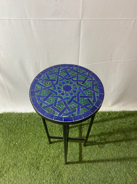 Handmade Moroccan Zellige Mosaic Side Table – Deep Blue & Emerald Green Geometric Art