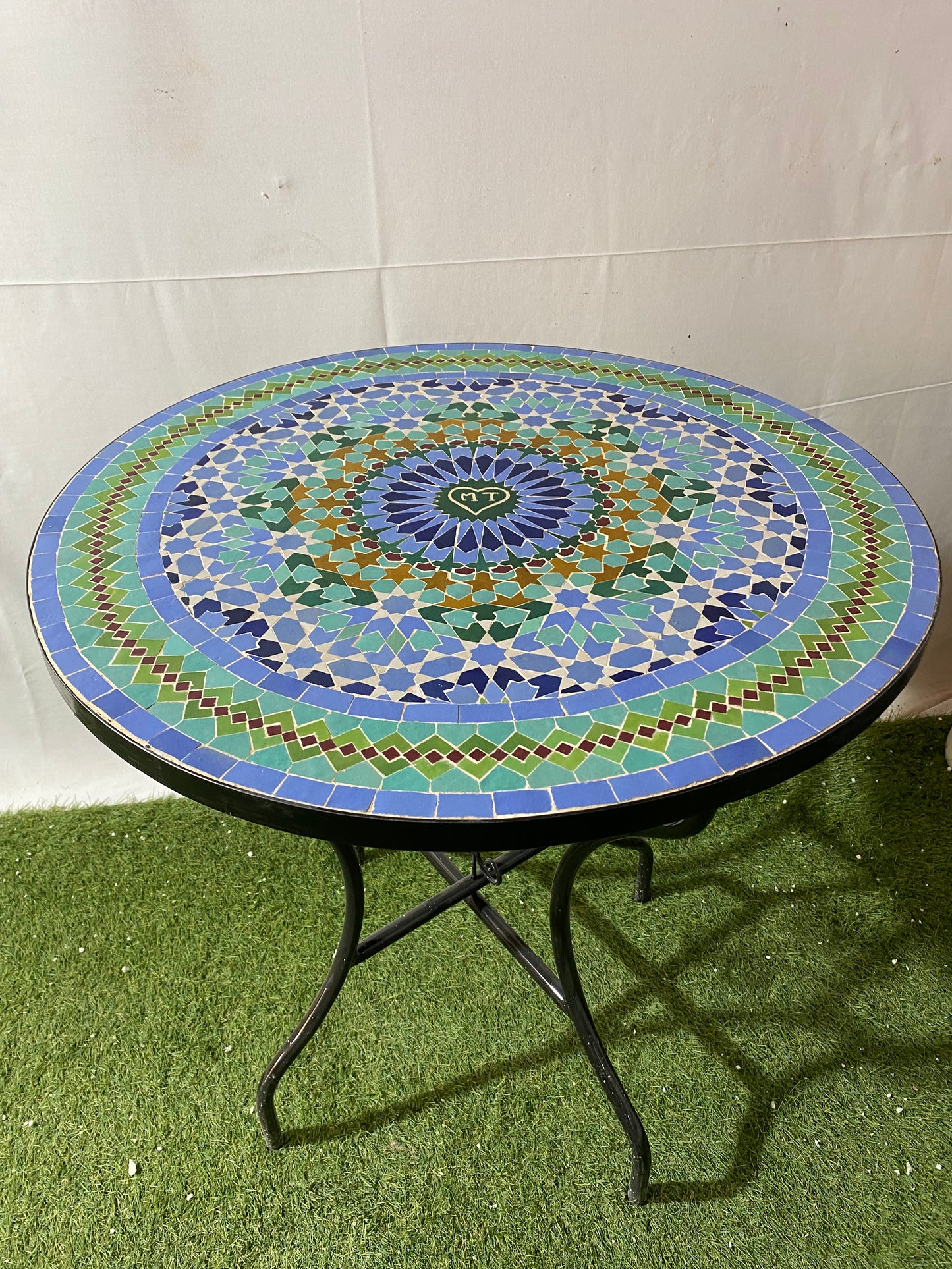 Handmade Moroccan Zellige Mosaic Table – Tranquil Blue & Green Harmony