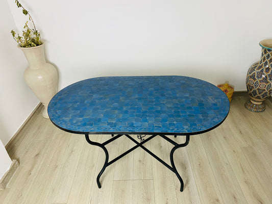 Handmade Moroccan Zellige Mosaic Table – Deep Blue Elegance