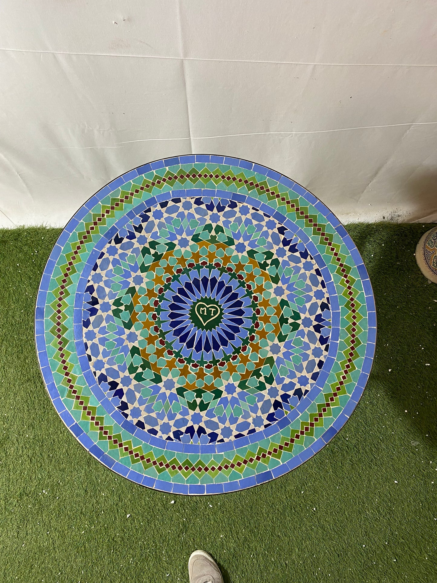 Handmade Moroccan Zellige Mosaic Table – Tranquil Blue & Green Harmony