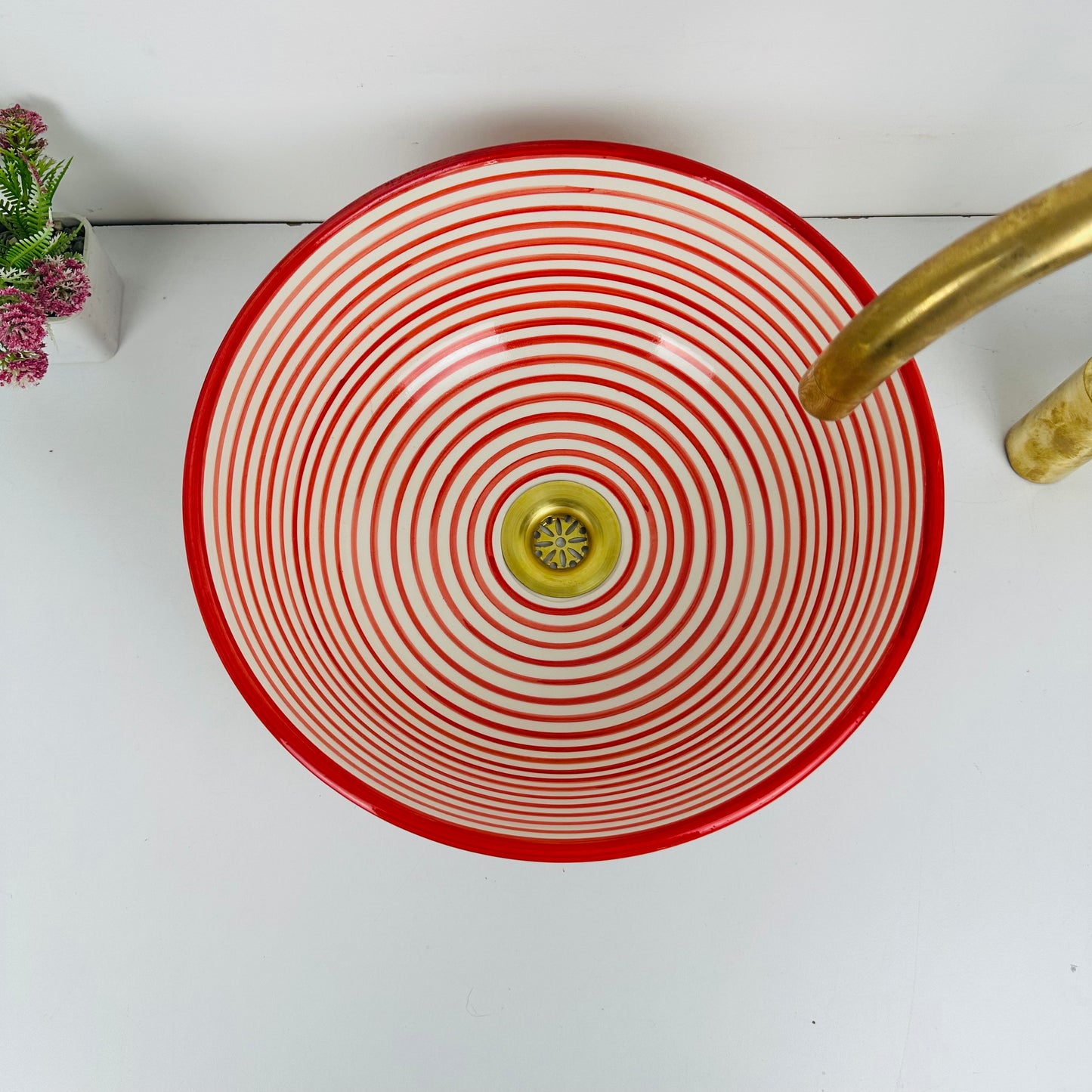 Infinite Rings : Handcrafted Ceramic Sink with Red Circular Design