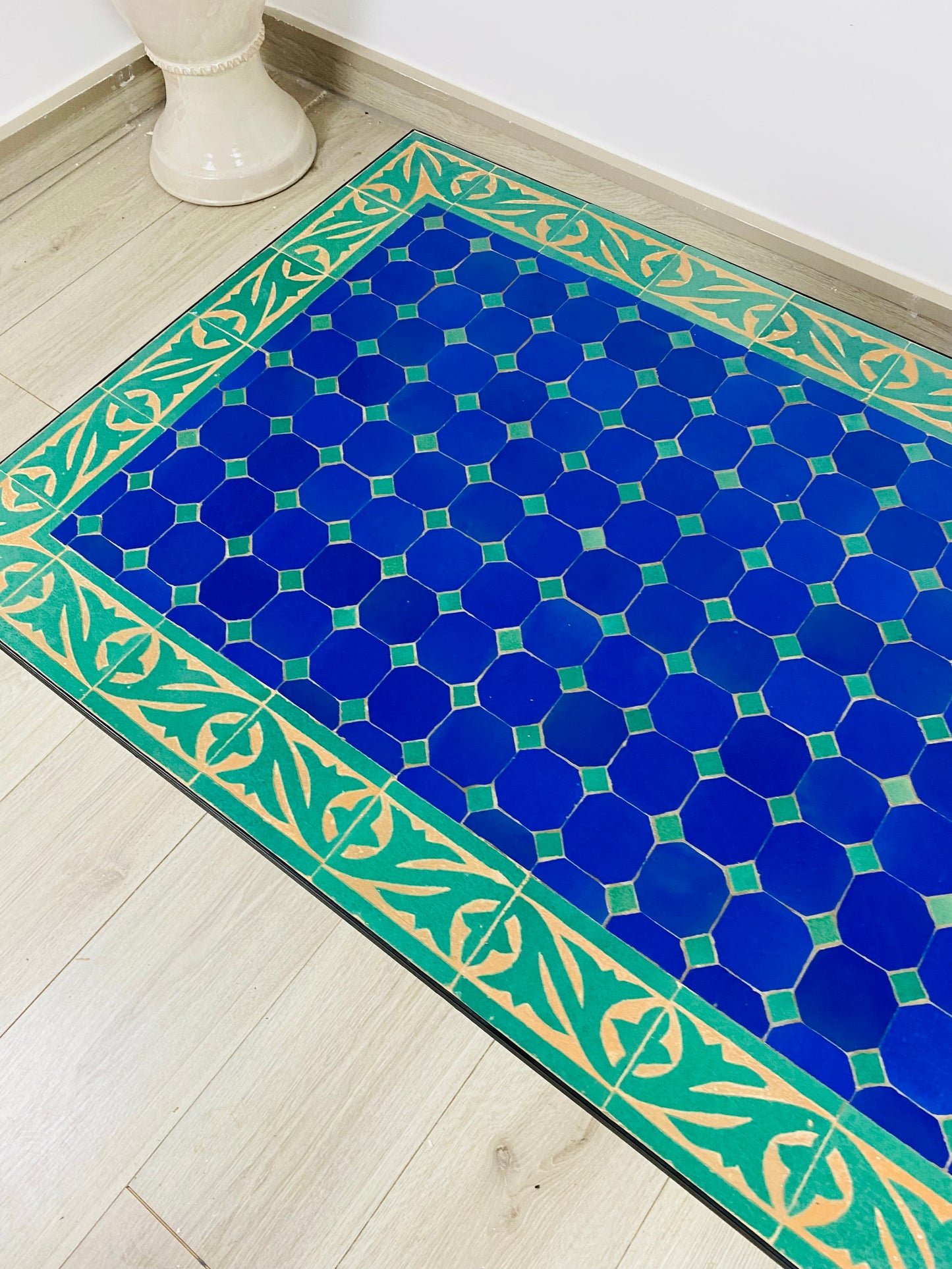 Handmade Moroccan Zellige Mosaic Table – Deep Blue & Gold Accents