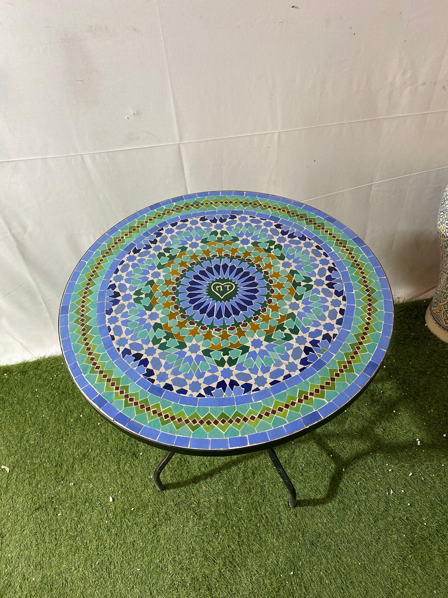 Handmade Moroccan Zellige Mosaic Table – Tranquil Blue & Green Harmony