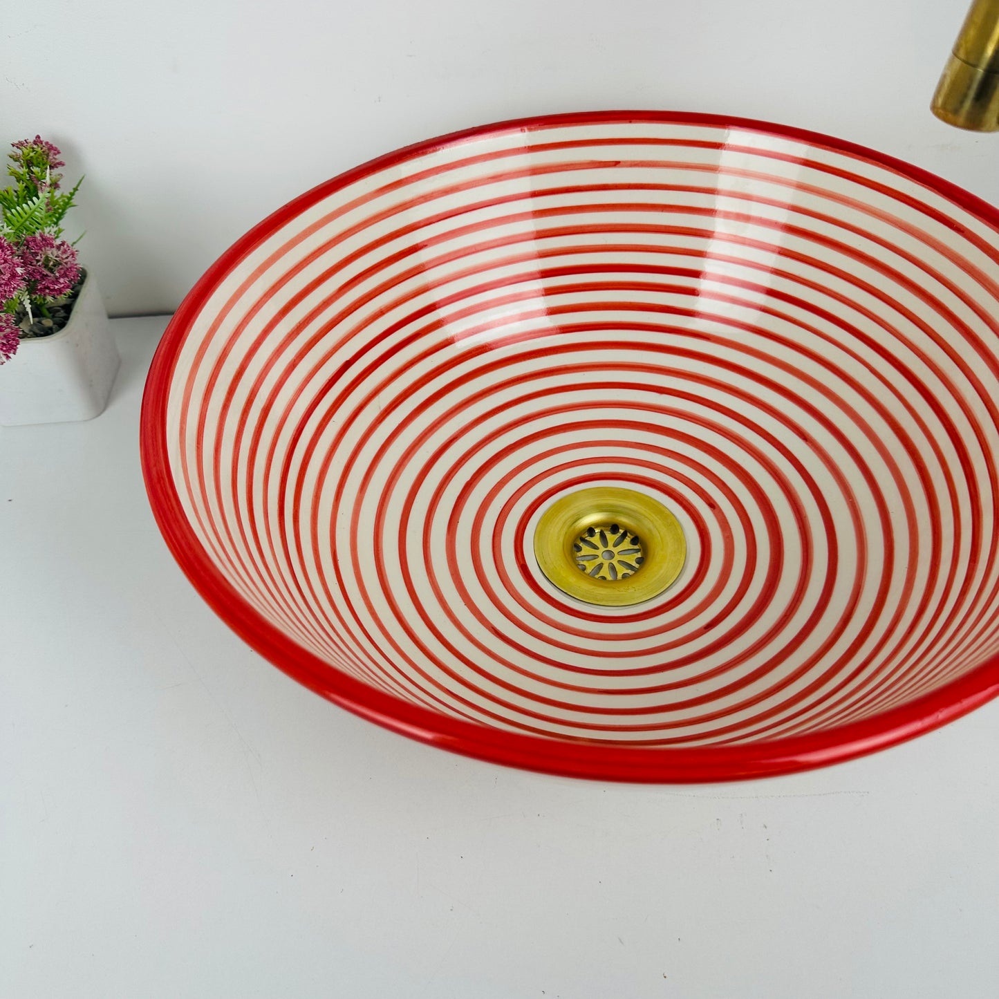Infinite Rings : Handcrafted Ceramic Sink with Red Circular Design