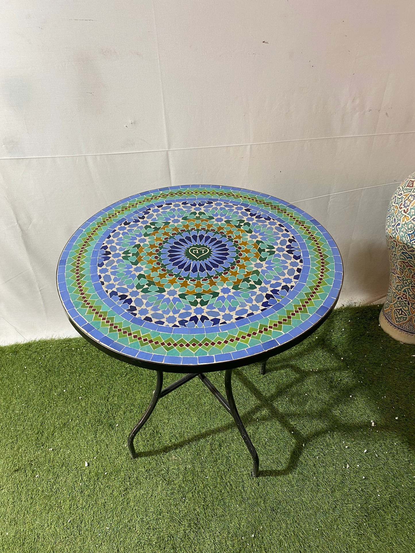 Handmade Moroccan Zellige Mosaic Table – Tranquil Blue & Green Harmony