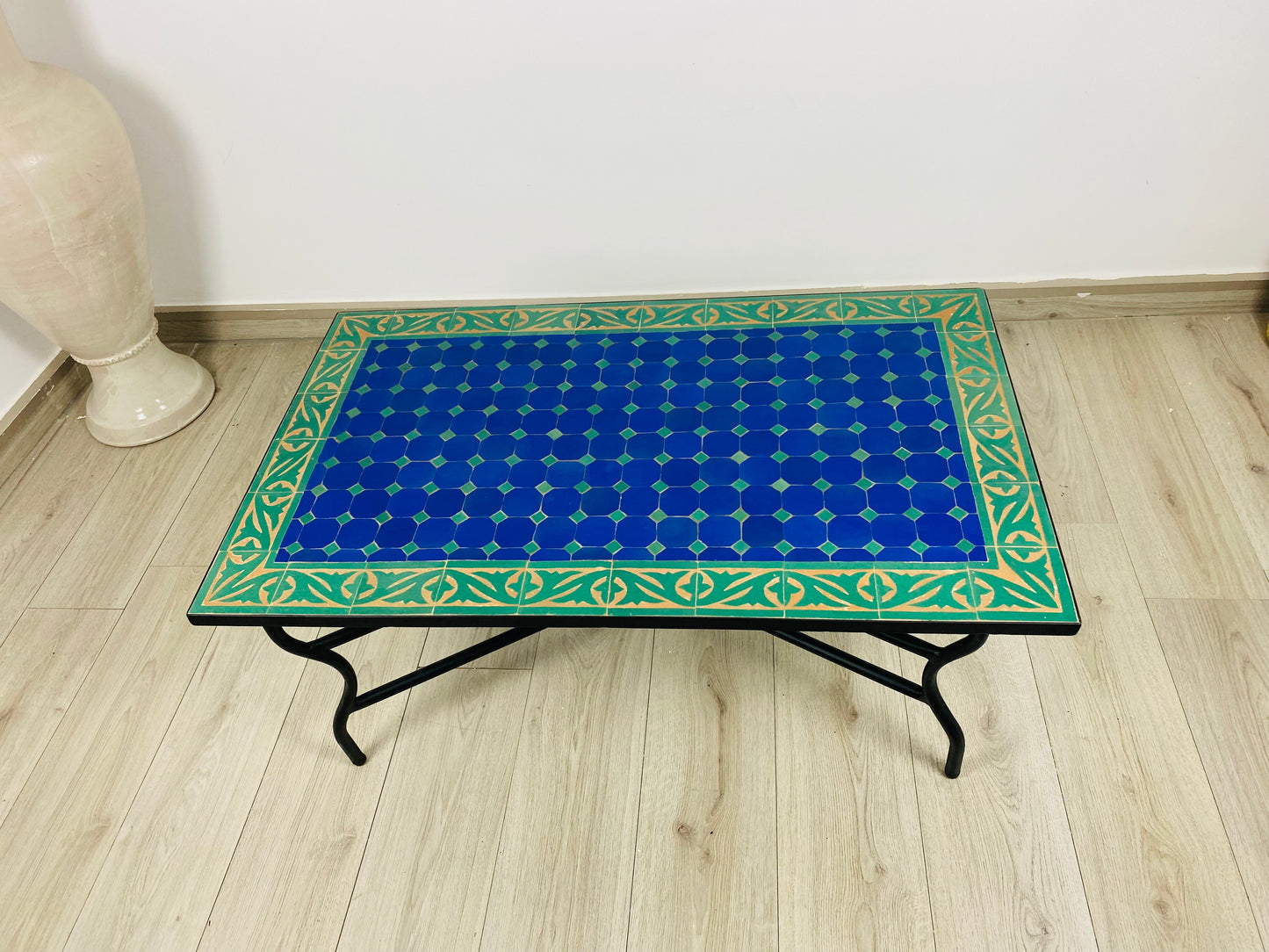 Handmade Moroccan Zellige Mosaic Table – Deep Blue & Gold Accents