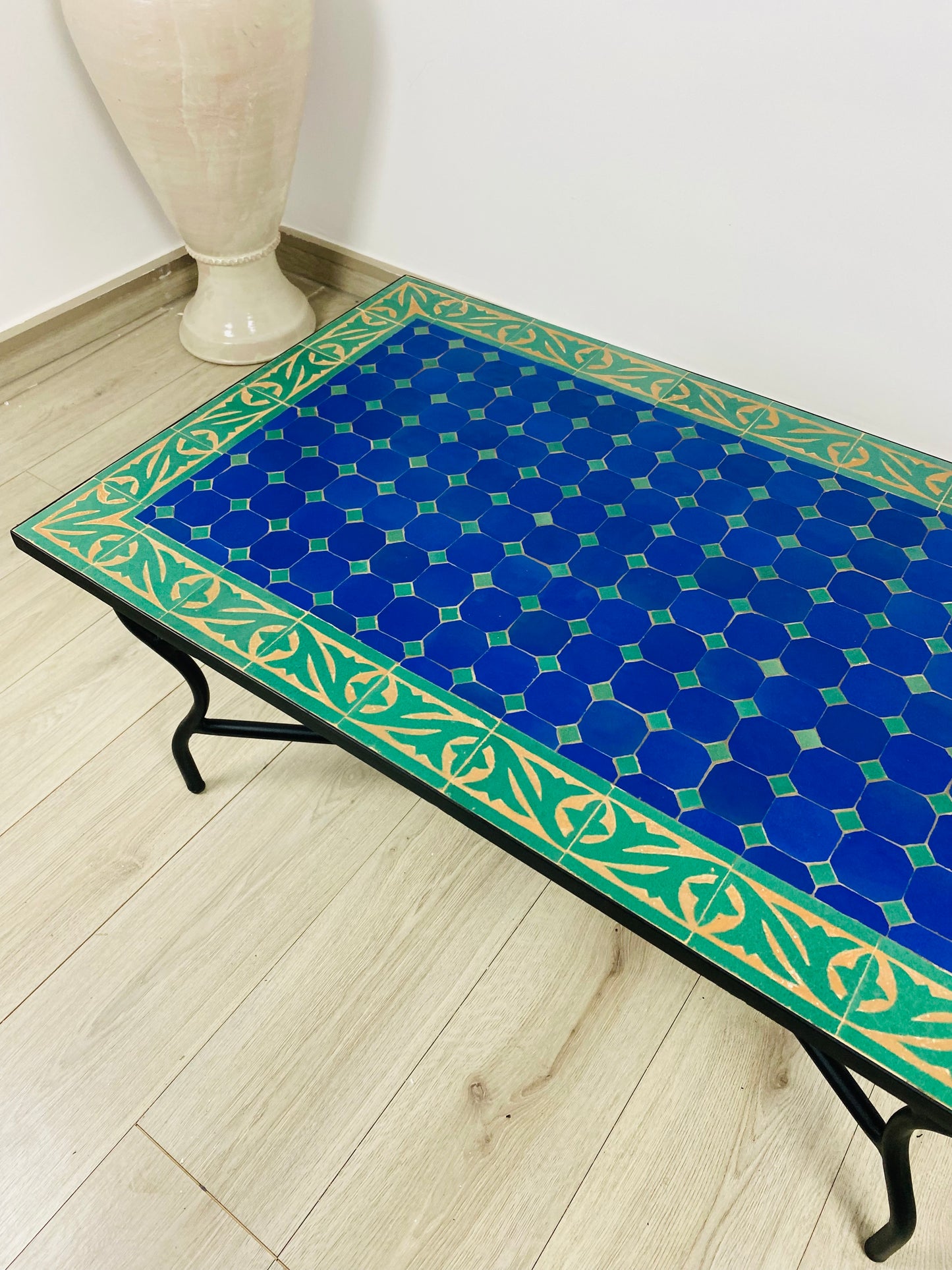 Handmade Moroccan Zellige Mosaic Table – Deep Blue & Gold Accents