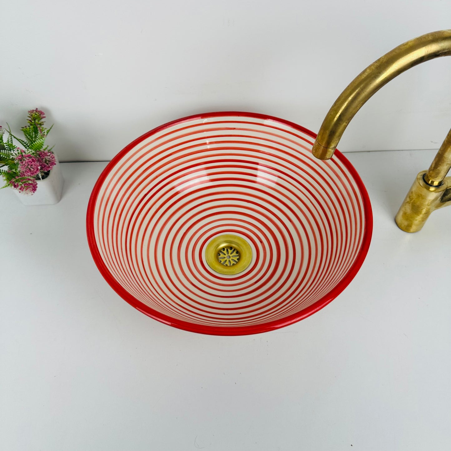Infinite Rings : Handcrafted Ceramic Sink with Red Circular Design