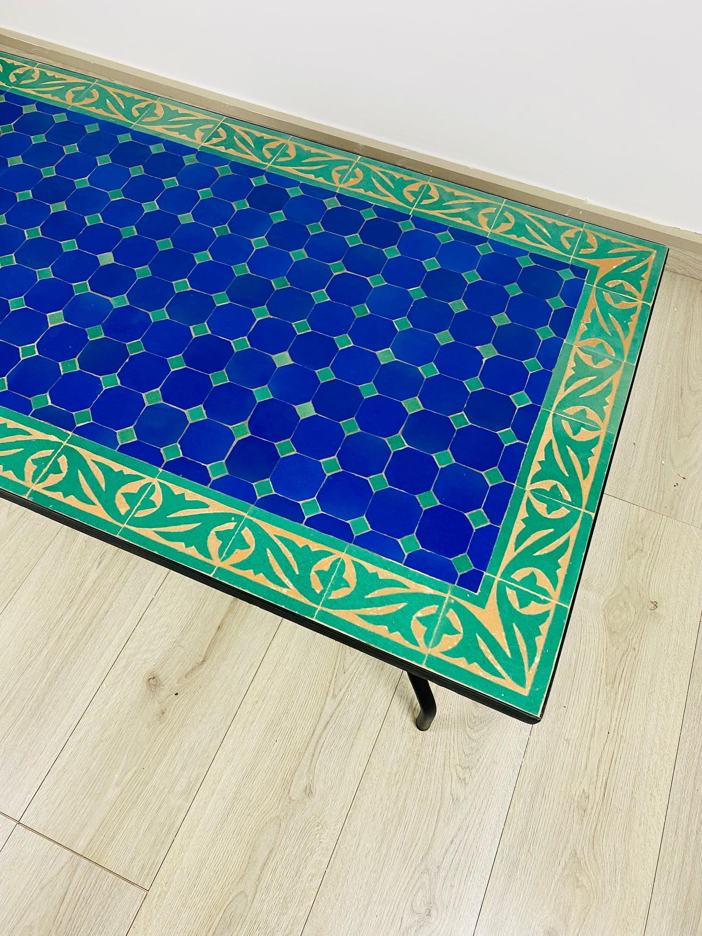 Handmade Moroccan Zellige Mosaic Table – Deep Blue & Gold Accents