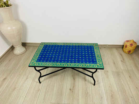 Handmade Moroccan Zellige Mosaic Table – Deep Blue & Gold Accents